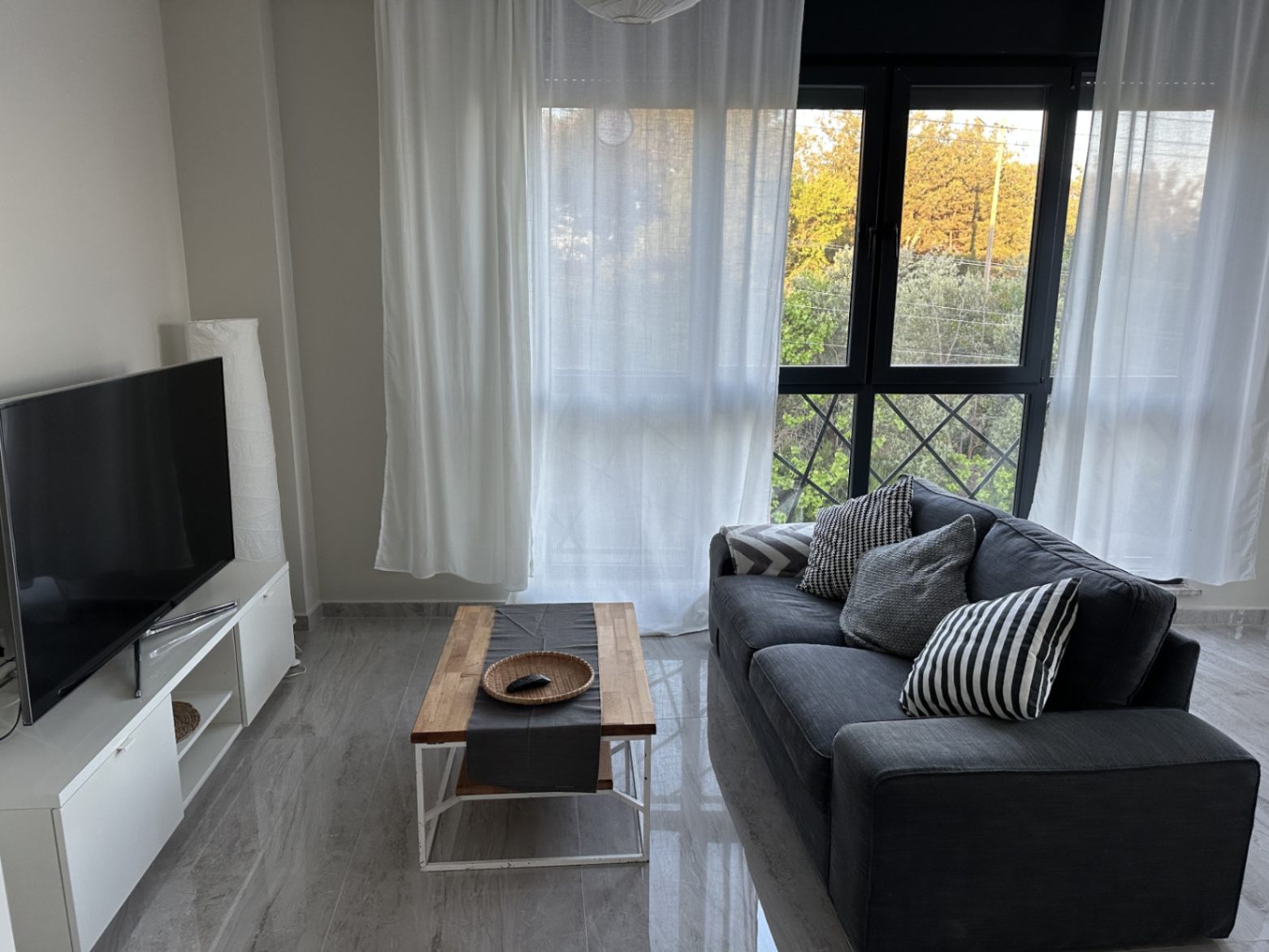 1+1 dairenin salonu: gri kanepe, ahşap sehpa ve televizyon ünitesi